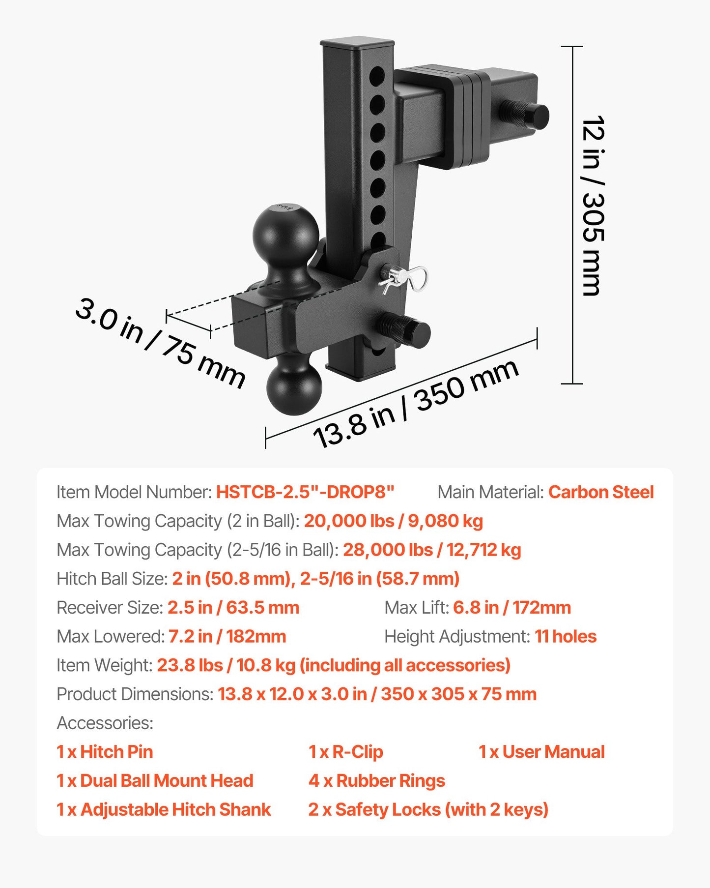 Adjustable Trailer Hitch Ball Mount 2.5-Inch Receiver 28,000 Lbs Towing Capacity