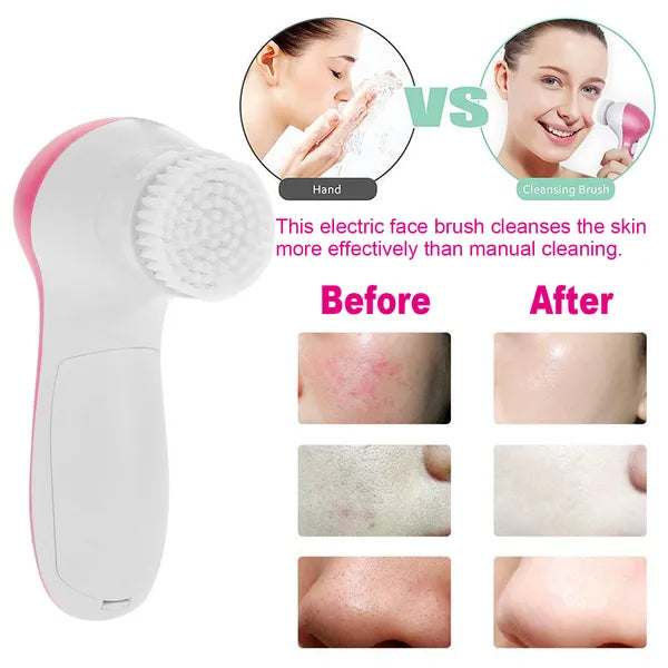 Electric Facial Cleansing Brush with 5 Brush Heads - Pink