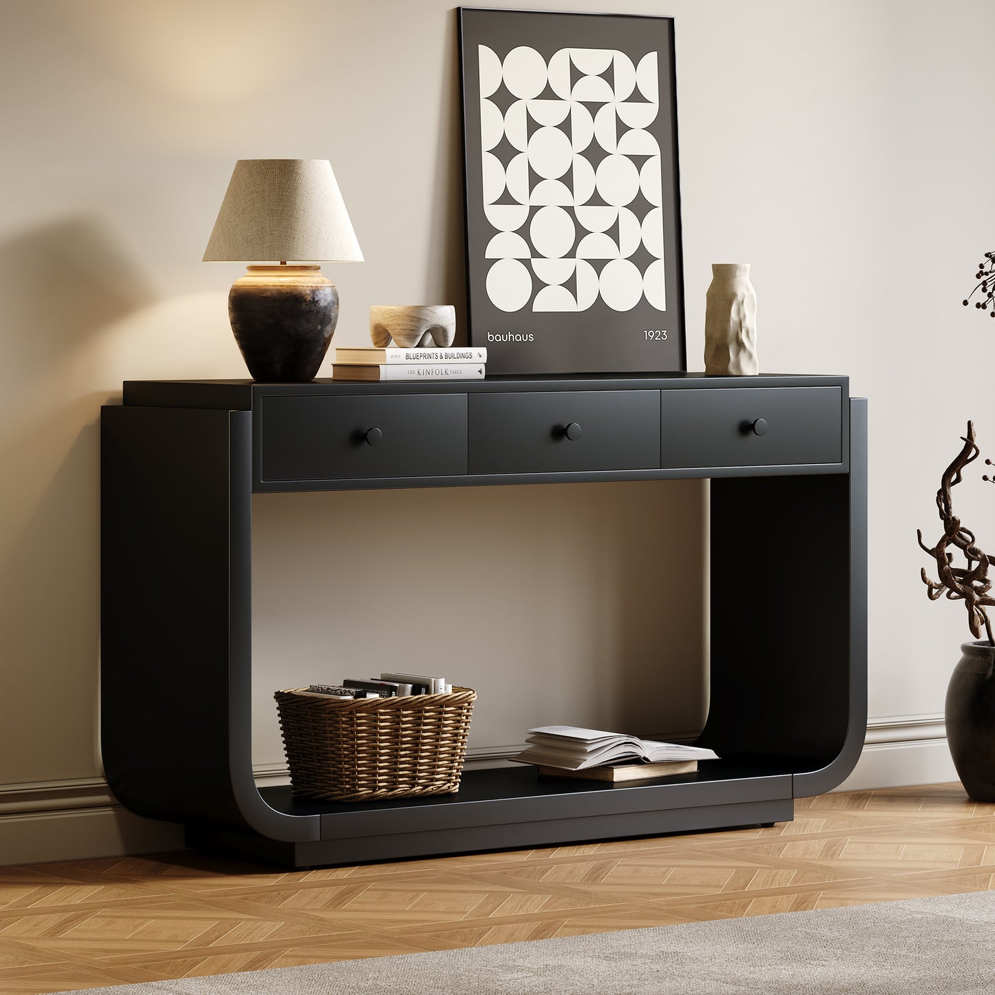 Classic Console Table with 3 Storage Drawers - Black