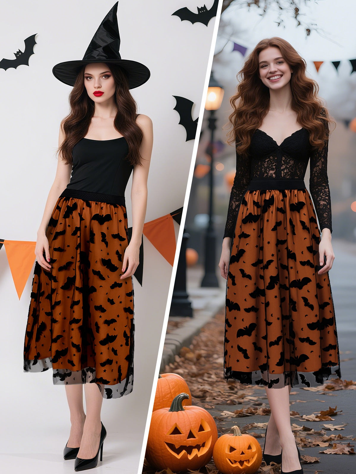 Women's Halloween Tulle Tutu Skirt - Pumpkin & Bat Design, Size L