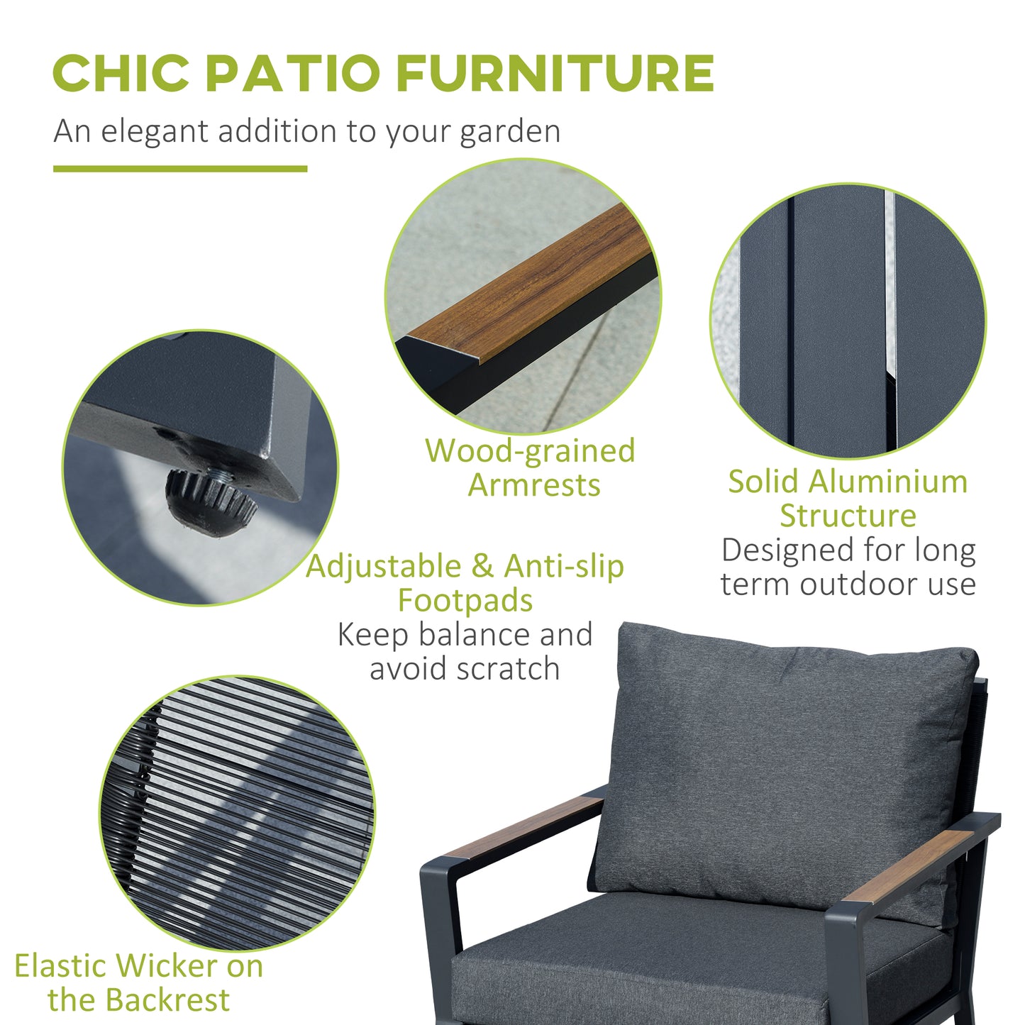 4-Piece Outdoor Furniture Set - Aluminum Sofa & Coffee Table - Dark Grey