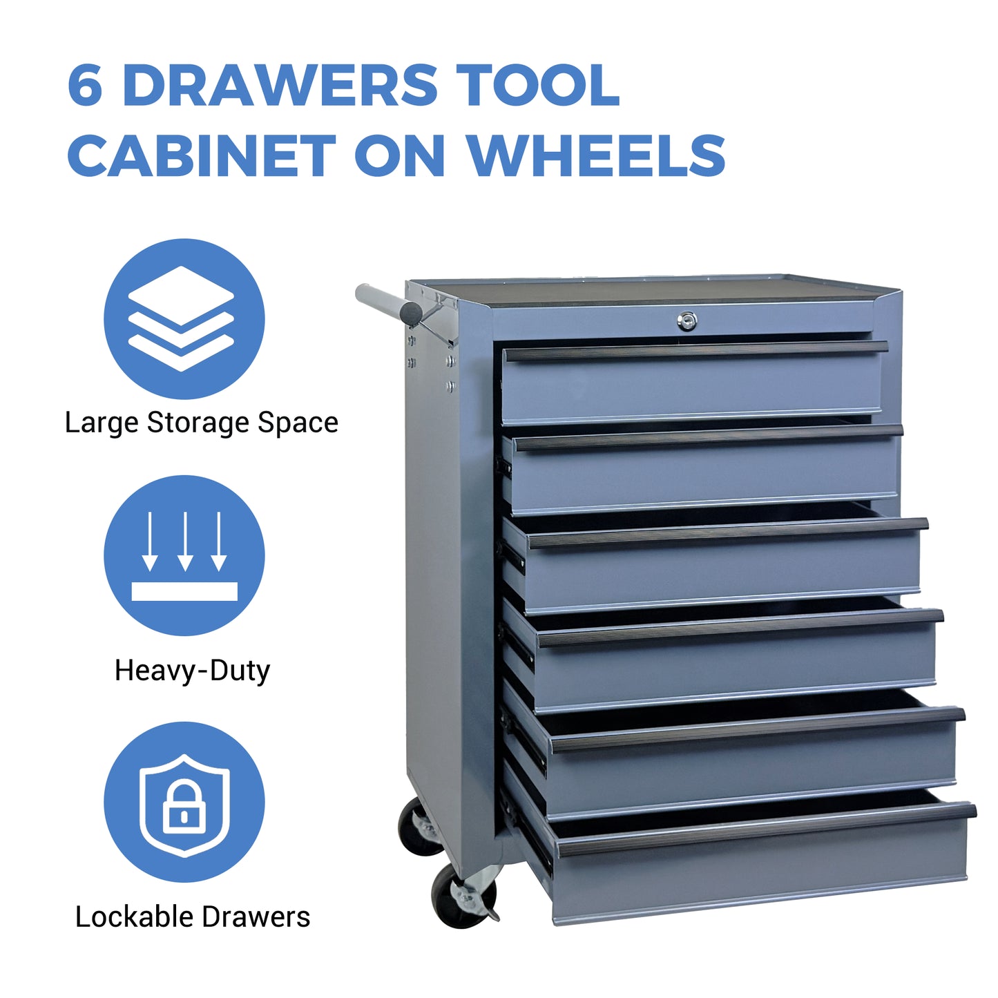 Rolling Metal Tool Chest with 6 Drawers - 20 Inch Steel Storage Cabinet, Grey