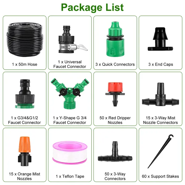 164FT Drip Irrigation Kit for Garden and Greenhouse Watering System Black