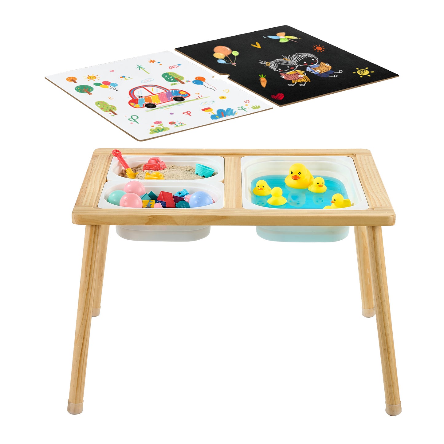 Wooden Toddler Sensory Table with Reversible Board, Storage Bins & Non-Slip Feet