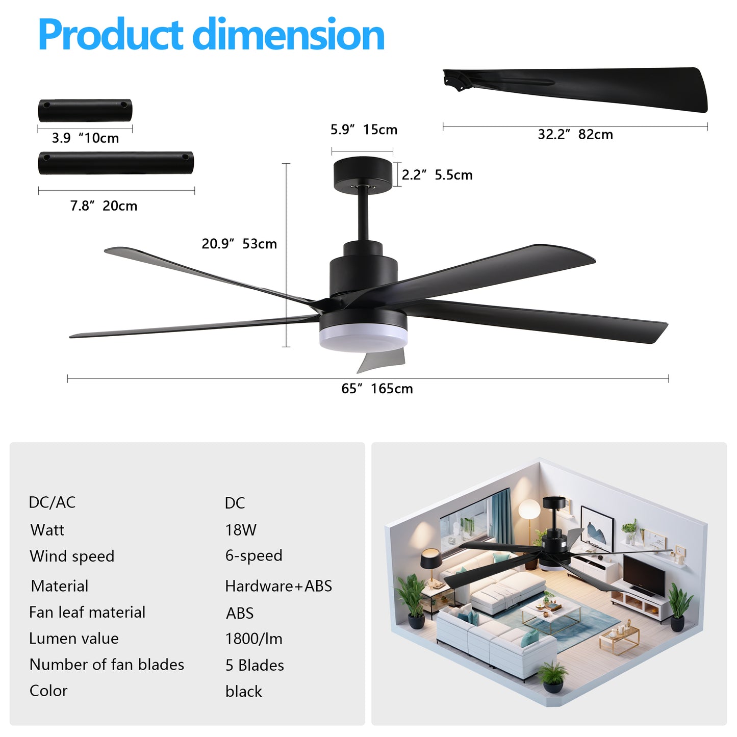 65 Inch Black Ceiling Fan with Dimmable LED Light & Remote Control