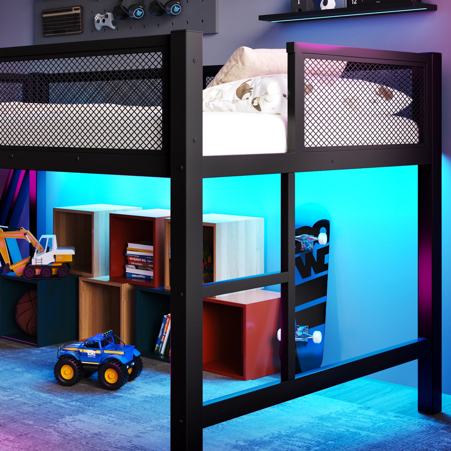 Gaming Loft Bed with Desk, LED Lights & USB Ports - Black