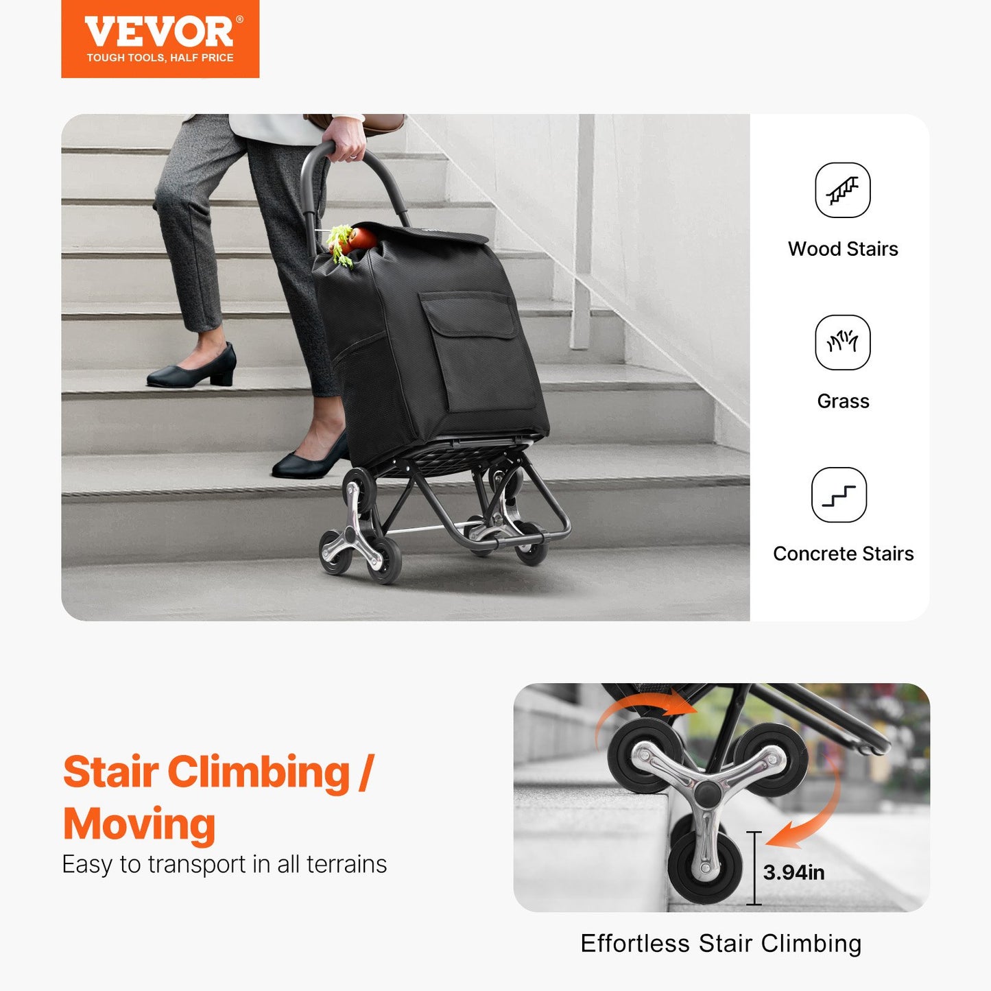 Foldable Stair Climbing Shopping Cart 36L with 6 Wheels and Storage Bag - Black