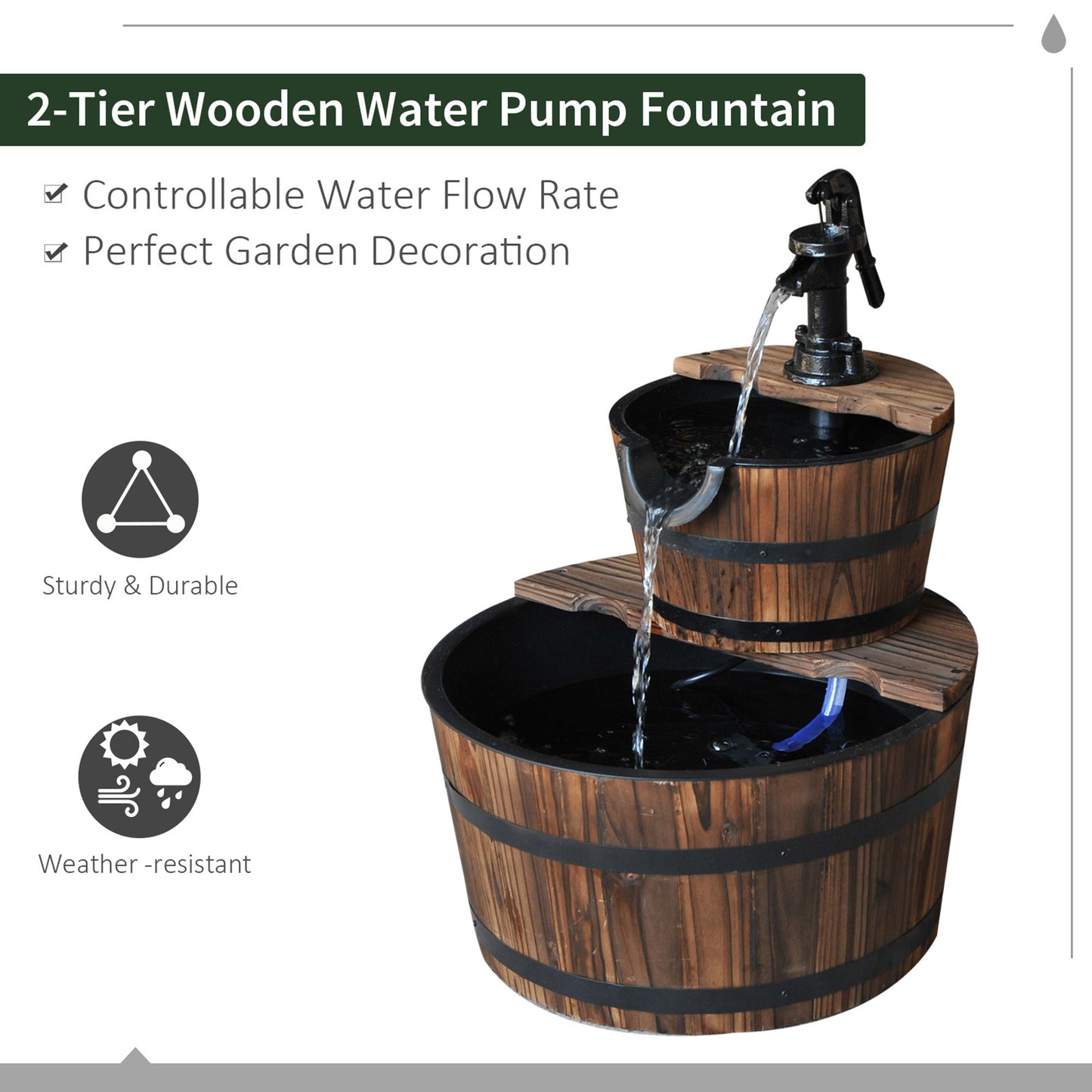 Wooden 2-Tier Fountain with Electric Pump for Garden Decor Backyard