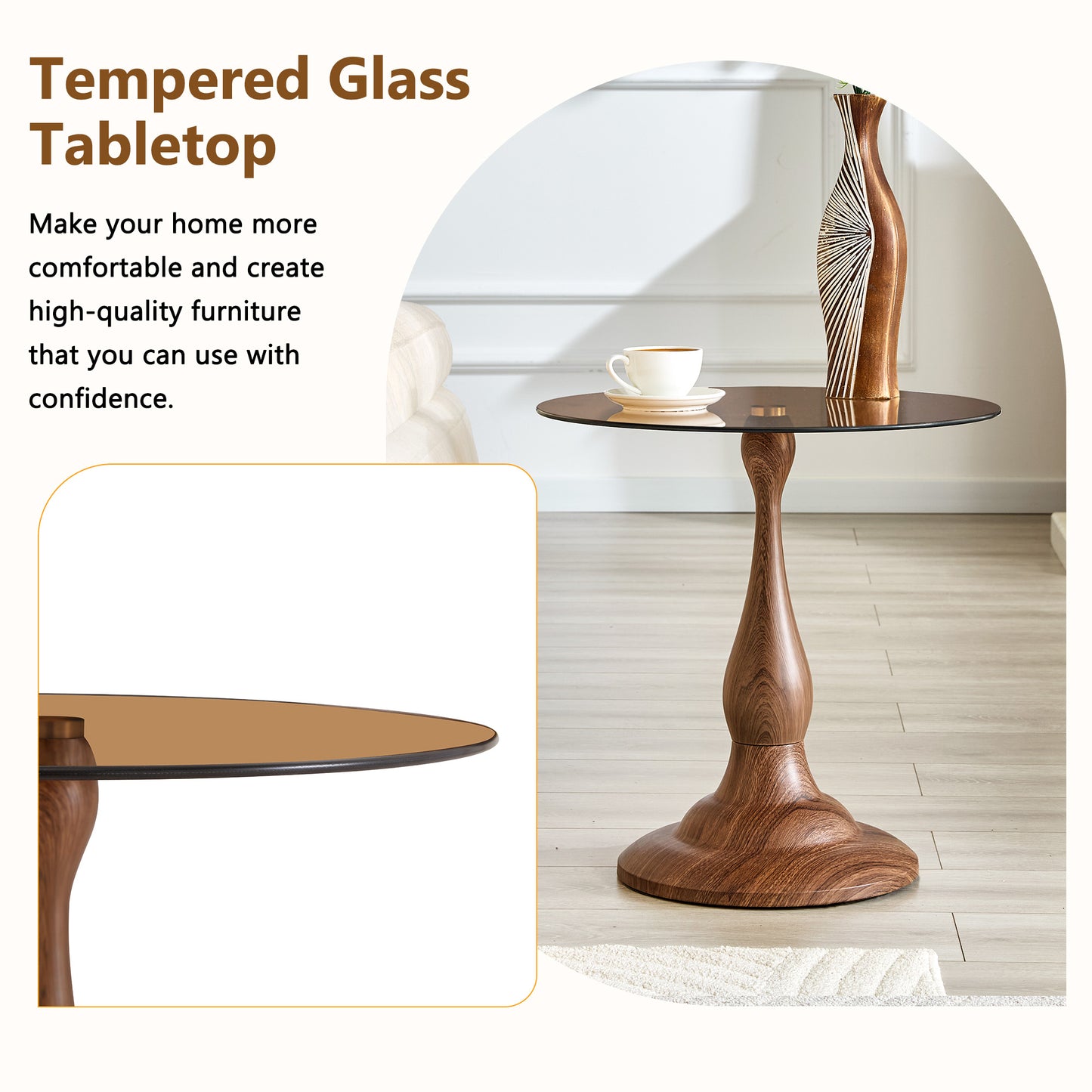 Small Round Metal Side Table with Glass Top - Walnut Finish