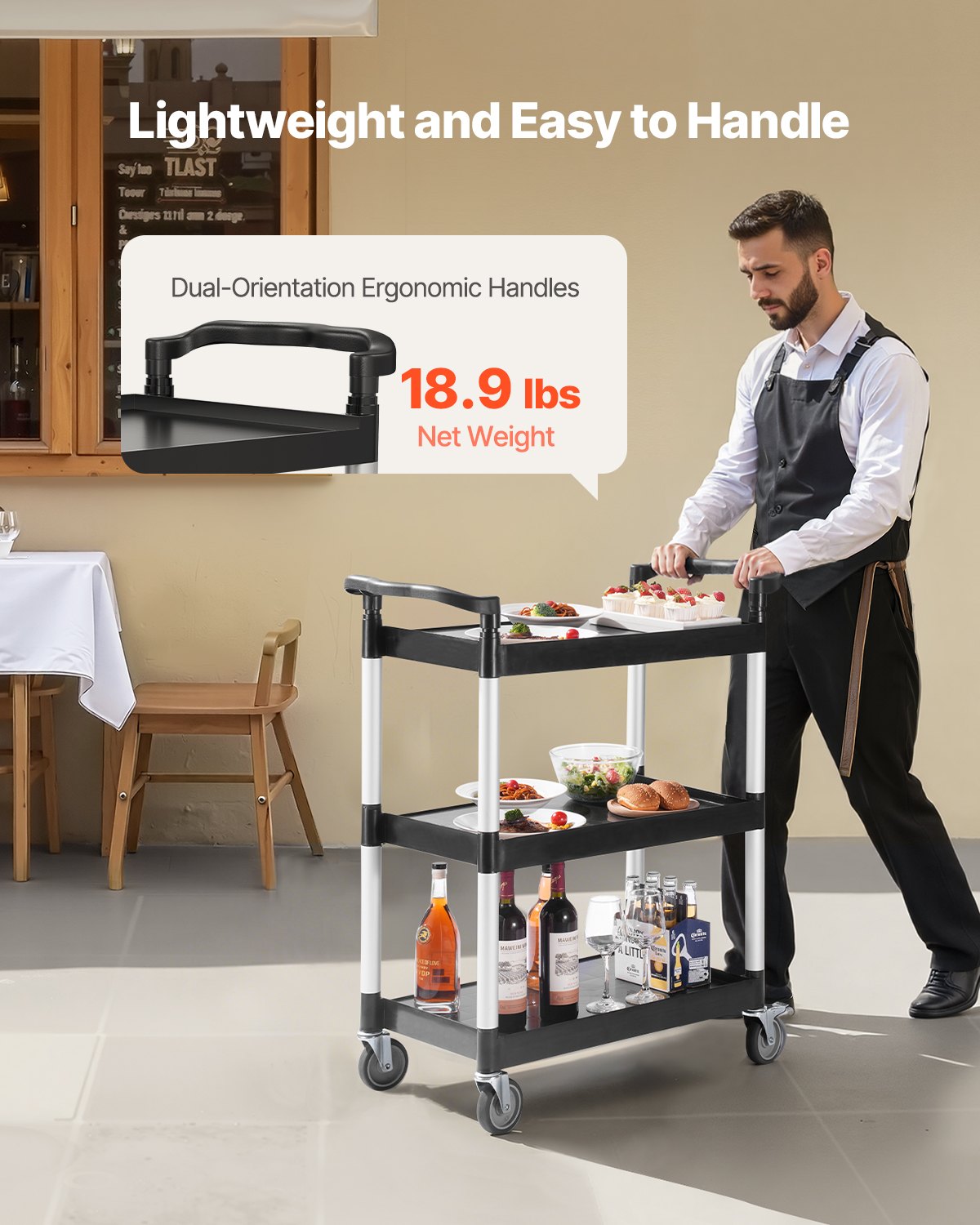 Heavy Duty Utility Cart 300 Lb Capacity 3-Tier Service Cart with Wheels - Black