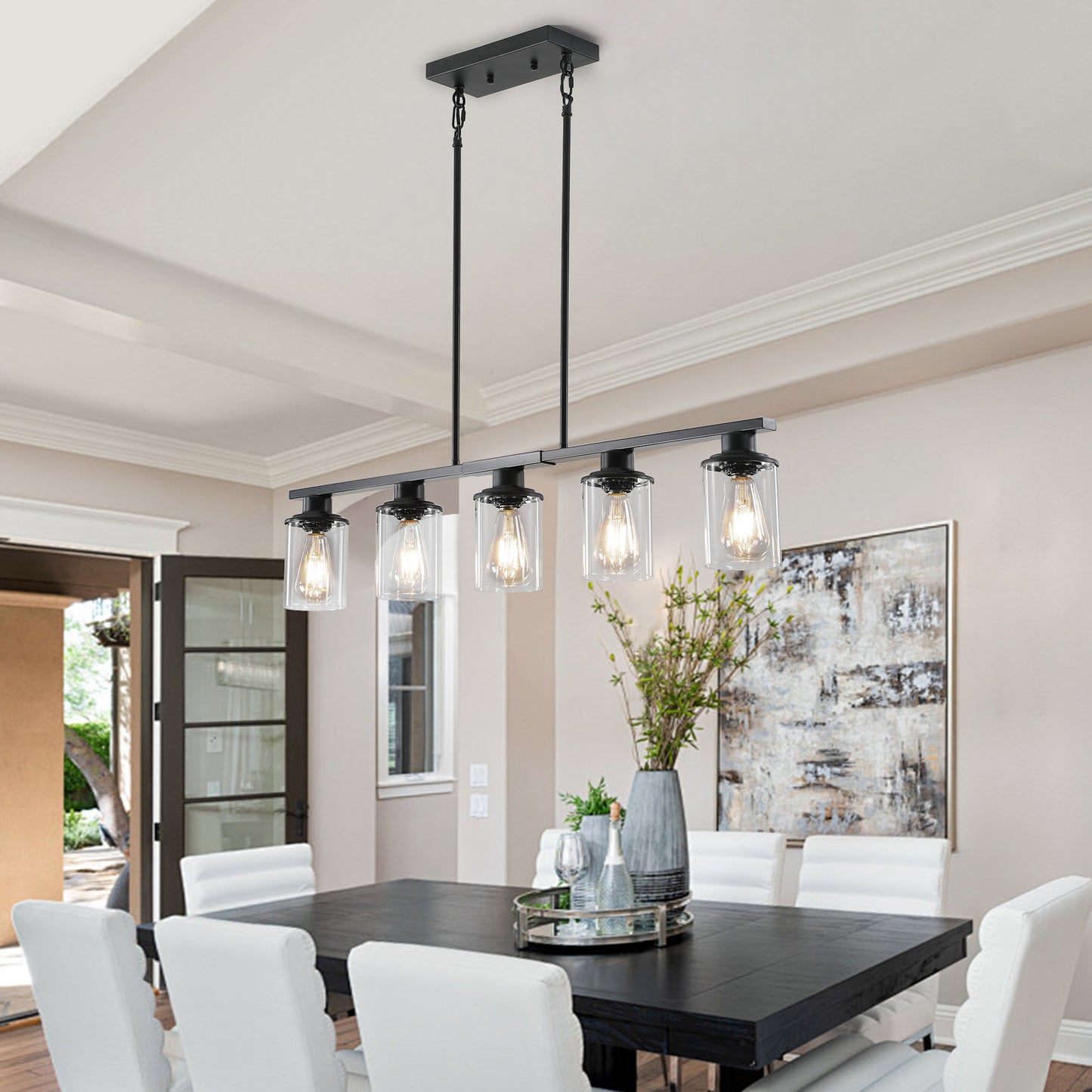 Modern Industrial 5-Light Chandelier - Matte Black & Glass Shades