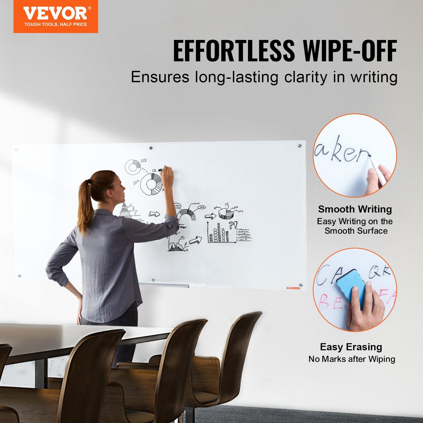 Magnetic Glass Dry Erase Board, 72"x36" Frameless Whiteboard with Marker Tray
