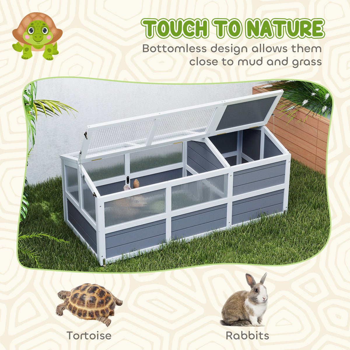 Wooden Tortoise Habitat Outdoor with Bottomless Design Doors Windows for Small Animals