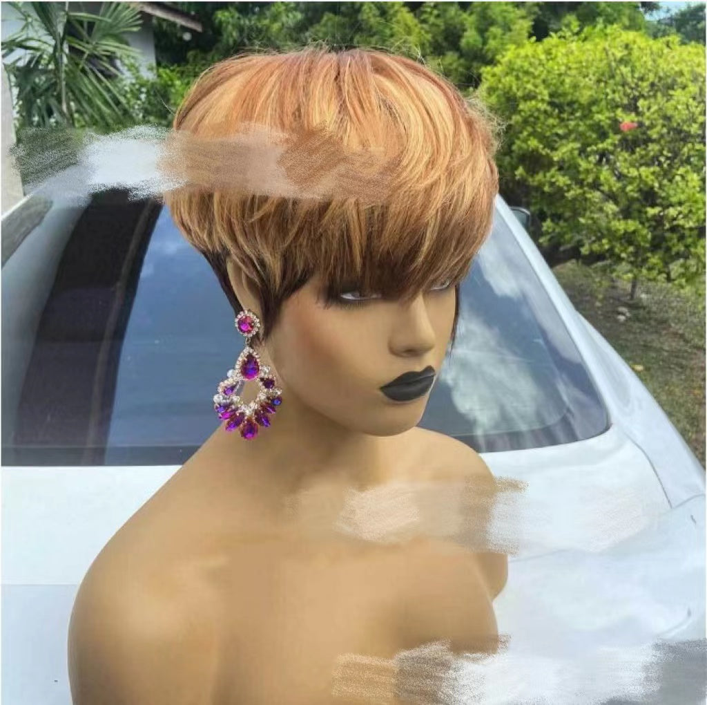 Short Cropped Fluffy Synthetic Wig for Men with Flat Bangs - Black, Green, Gold