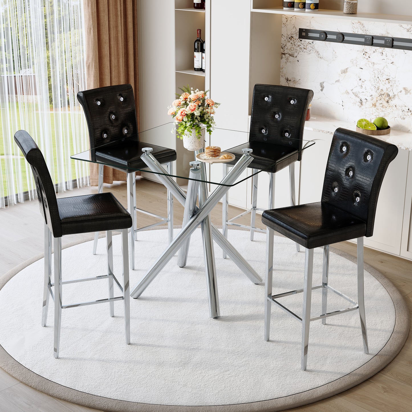 Modern Glass Bar Table Set with Fixed-Height Stools - Black & Silver
