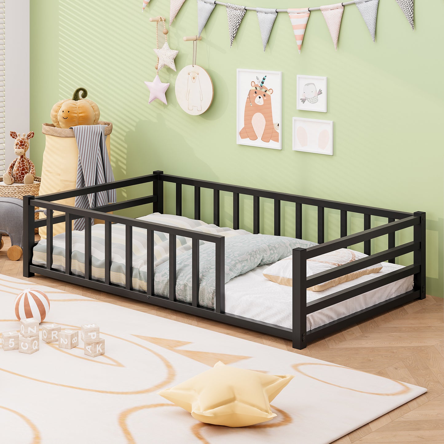 Twin Size Metal Platform Bed Frame with Guardrails - Black