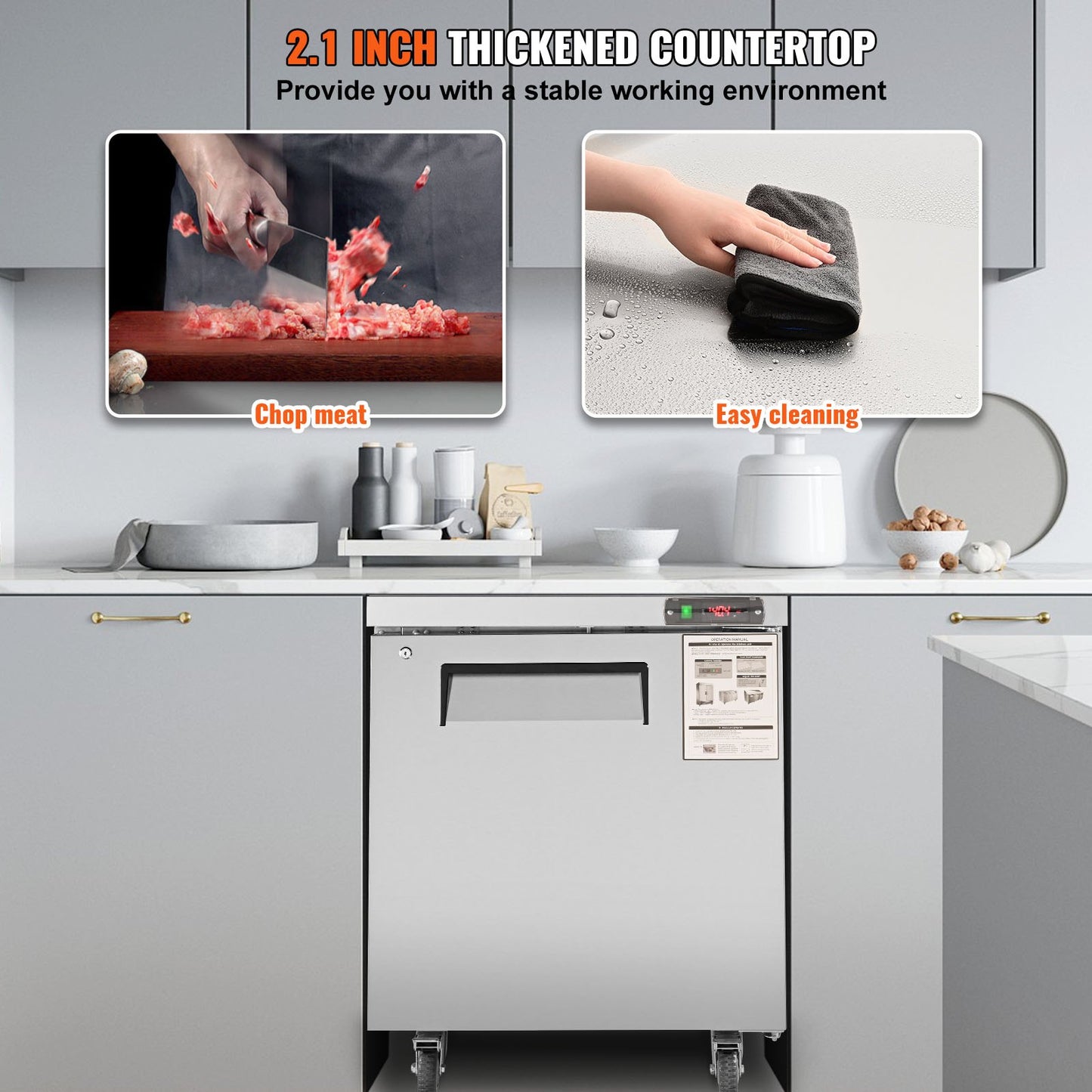 28-Inch Commercial Undercounter Refrigerator - 7.4 Cu Ft Stainless Steel Food Prep Station with Lock & Fan Cooling