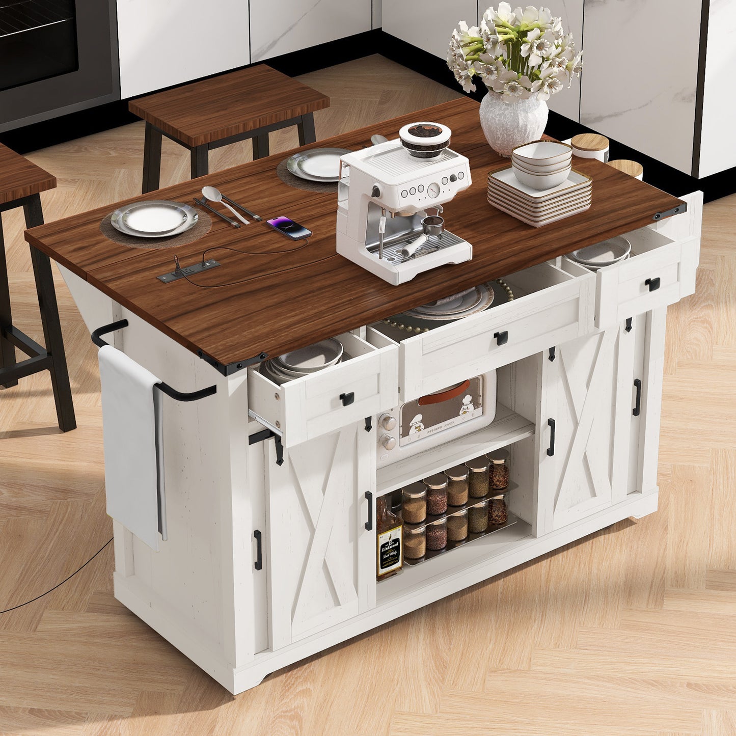 K&K 58 Farmhouse Kitchen Island With Storage,Sliding Barn Door &