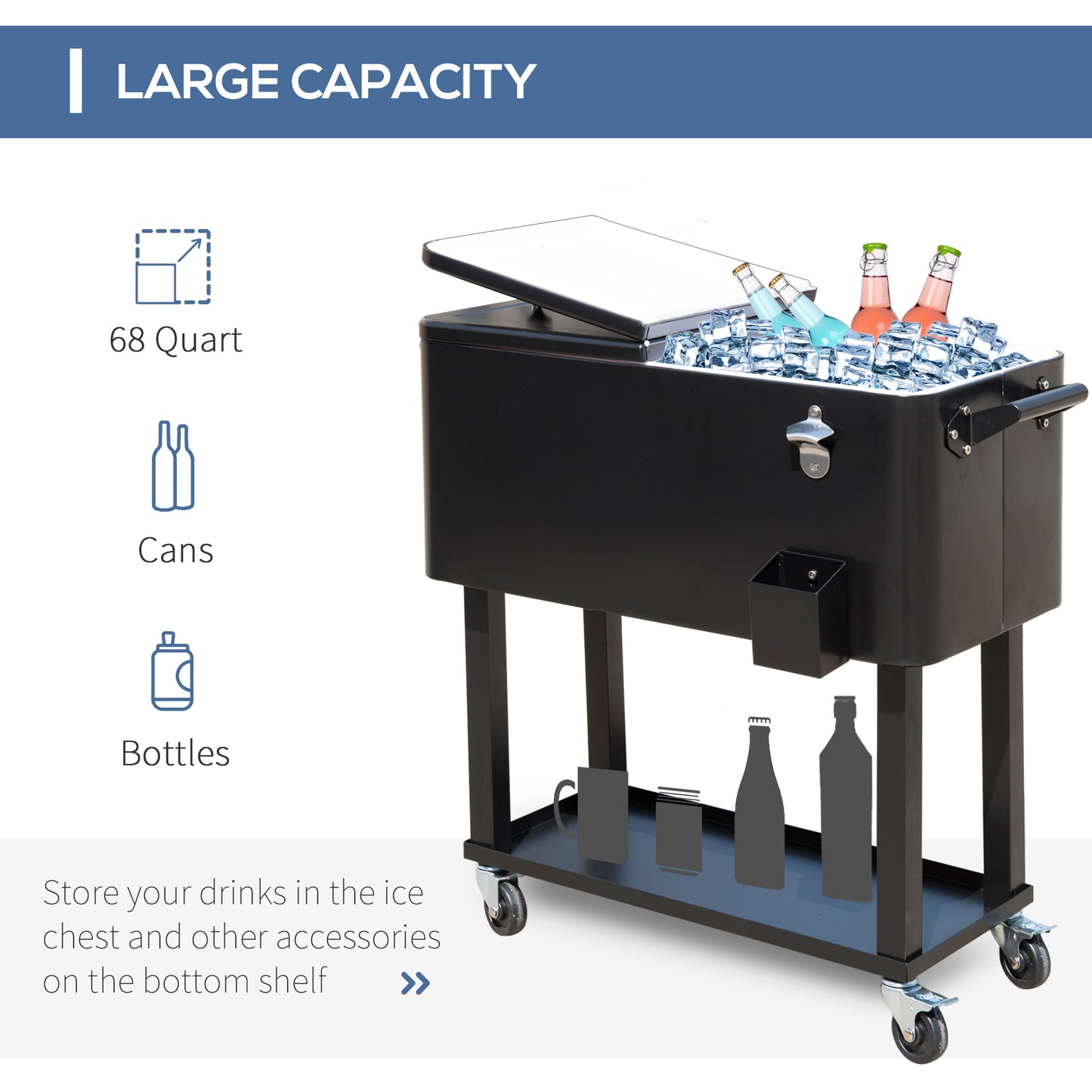 80 QT Rolling Outdoor Cooler Cart on Wheels - Black
