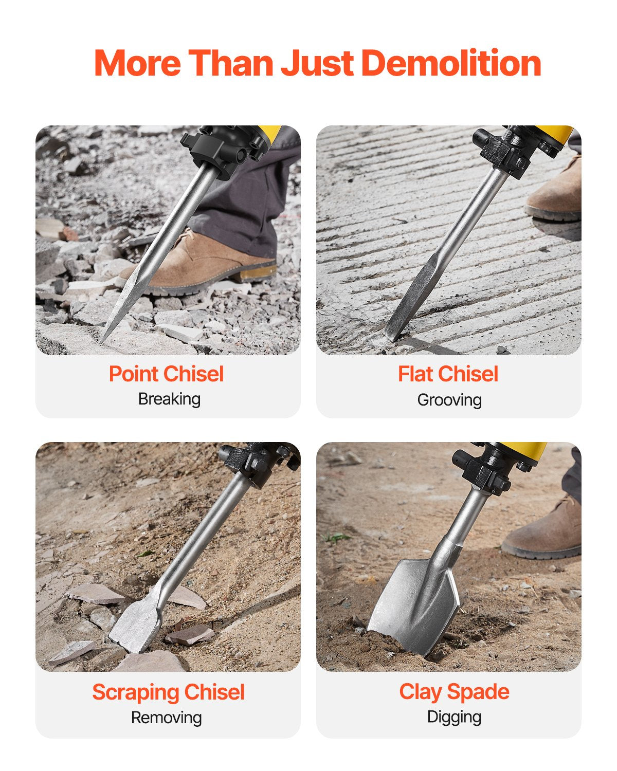 2200W Electric Demolition Jack Hammer with 4 Chisels - Vevor Yellow