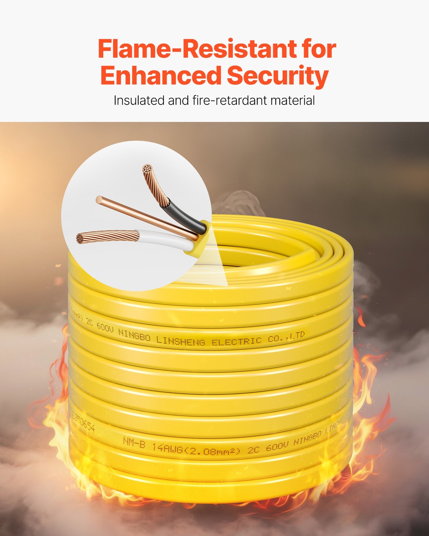 14AWG 2-Conductor Copper Electrical Wire 50Ft with Ground - Yellow