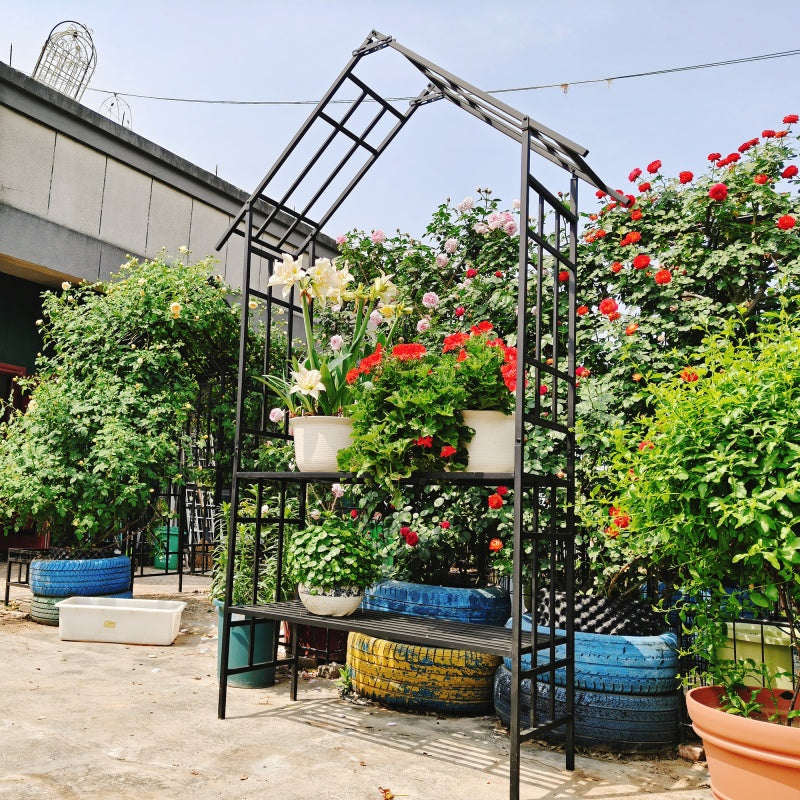 Metal Garden Arch with Convertible Bench and Flower Rack Support - Outdoor Black