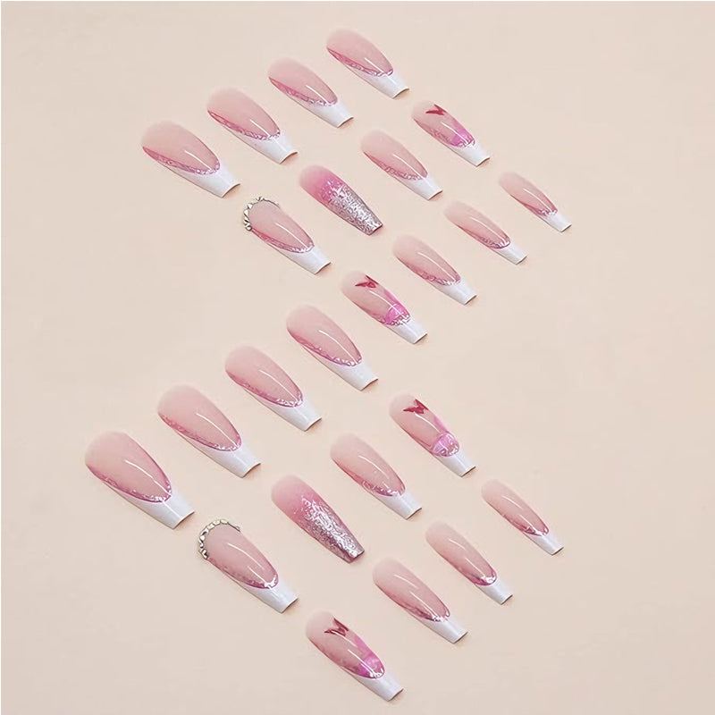 24-Piece Butterfly Press-On Nails - Long Square Glitter Pink