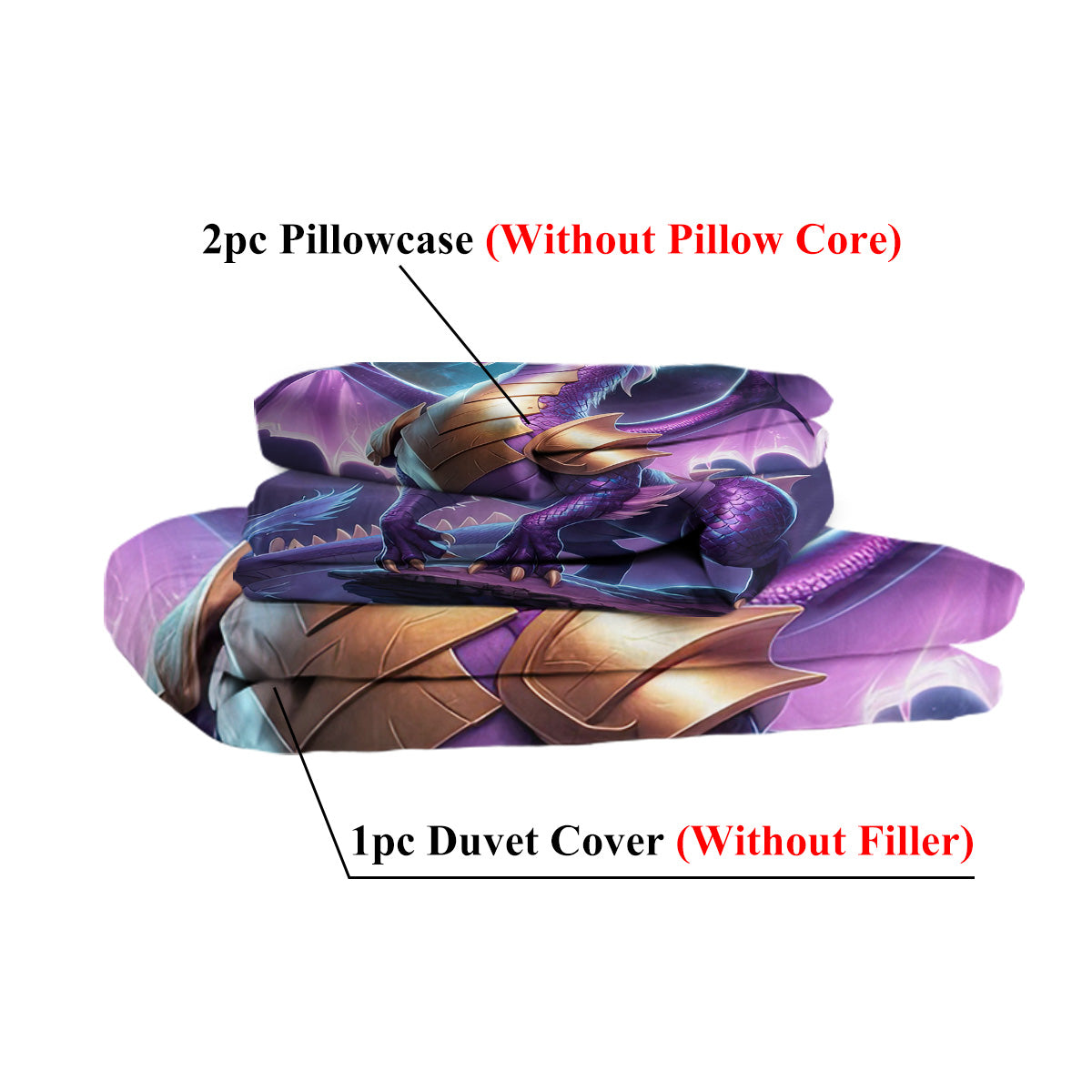 Purple Dragon Bedding Set for Kids - 3D Wildlife Pattern Duvet Cover & Pillow Shams