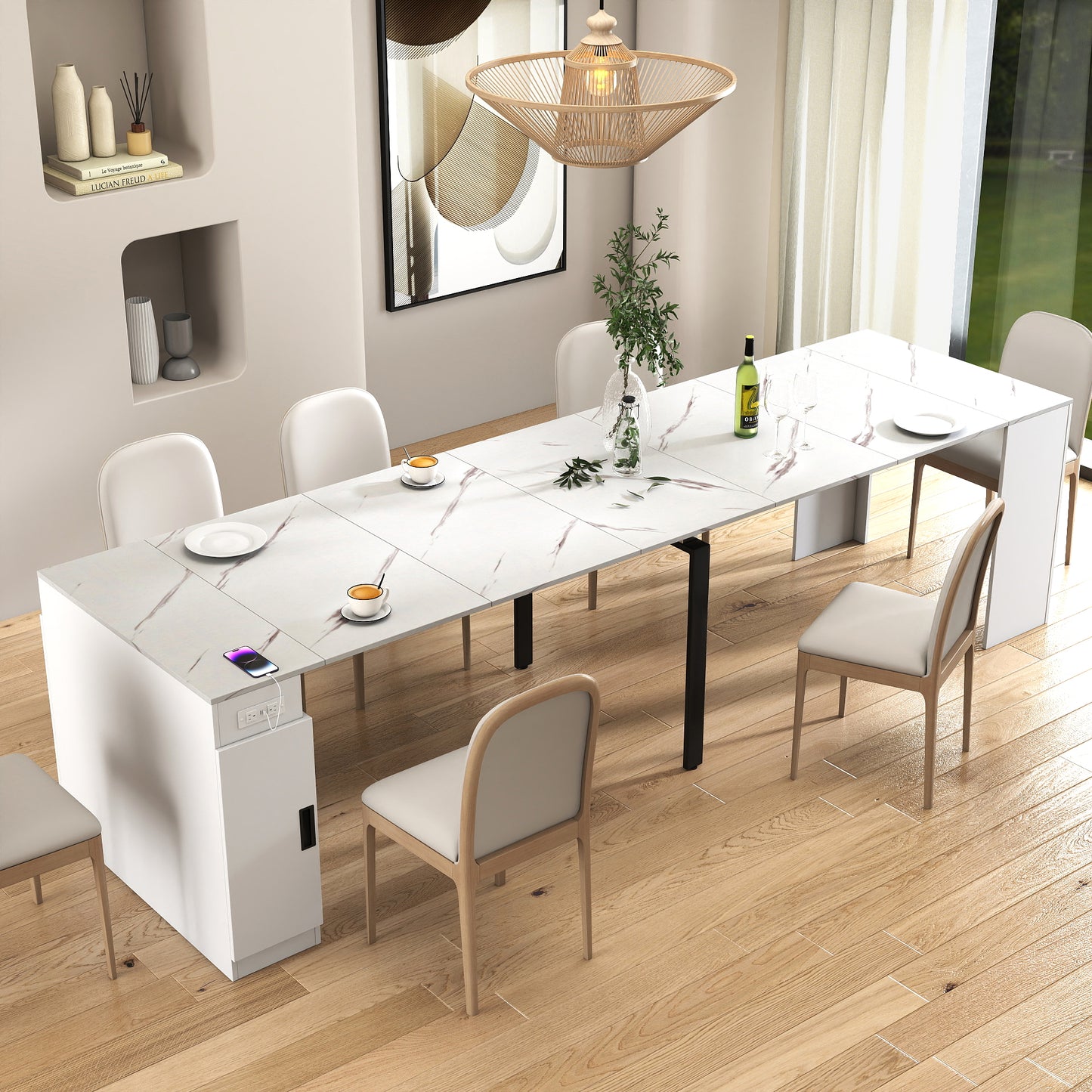 Extendable Dining Table with Outlet - Space-Saving White Design