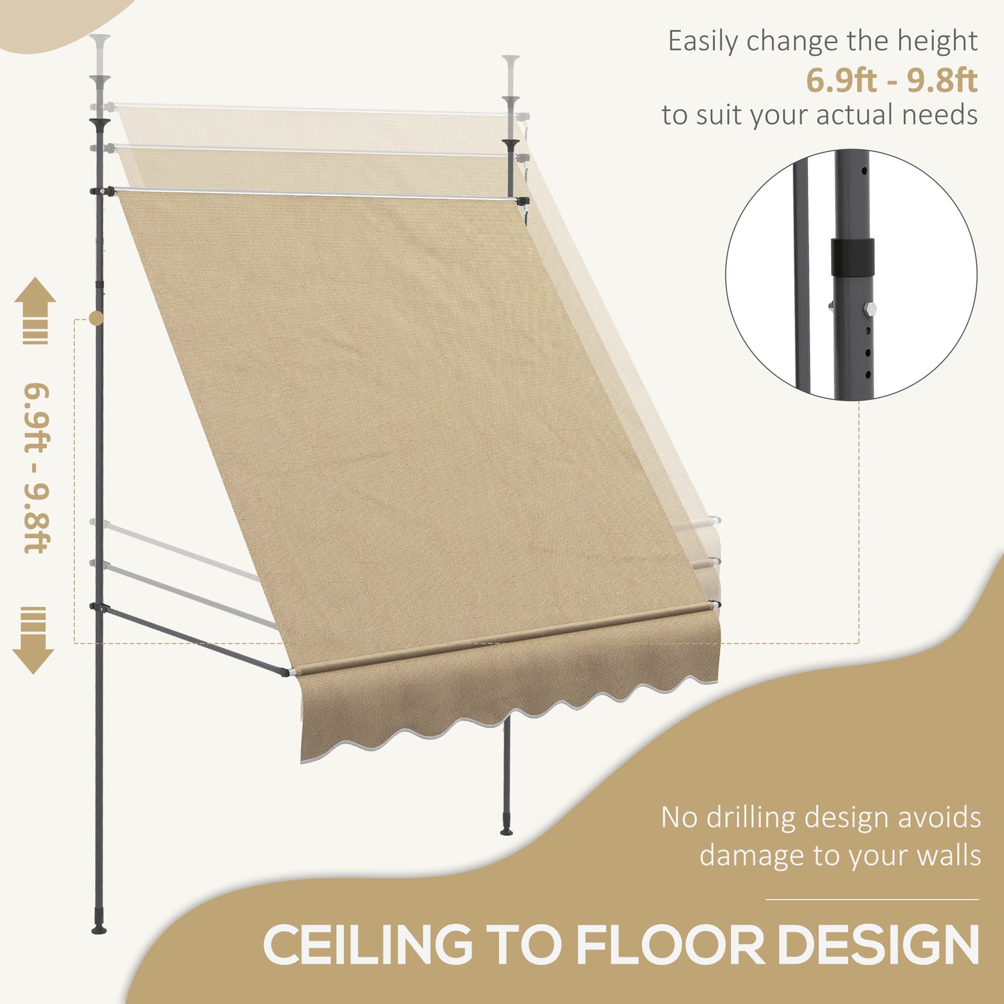 Manual Retractable Patio Awning - UV Resistant, 6.5' x 4', Beige