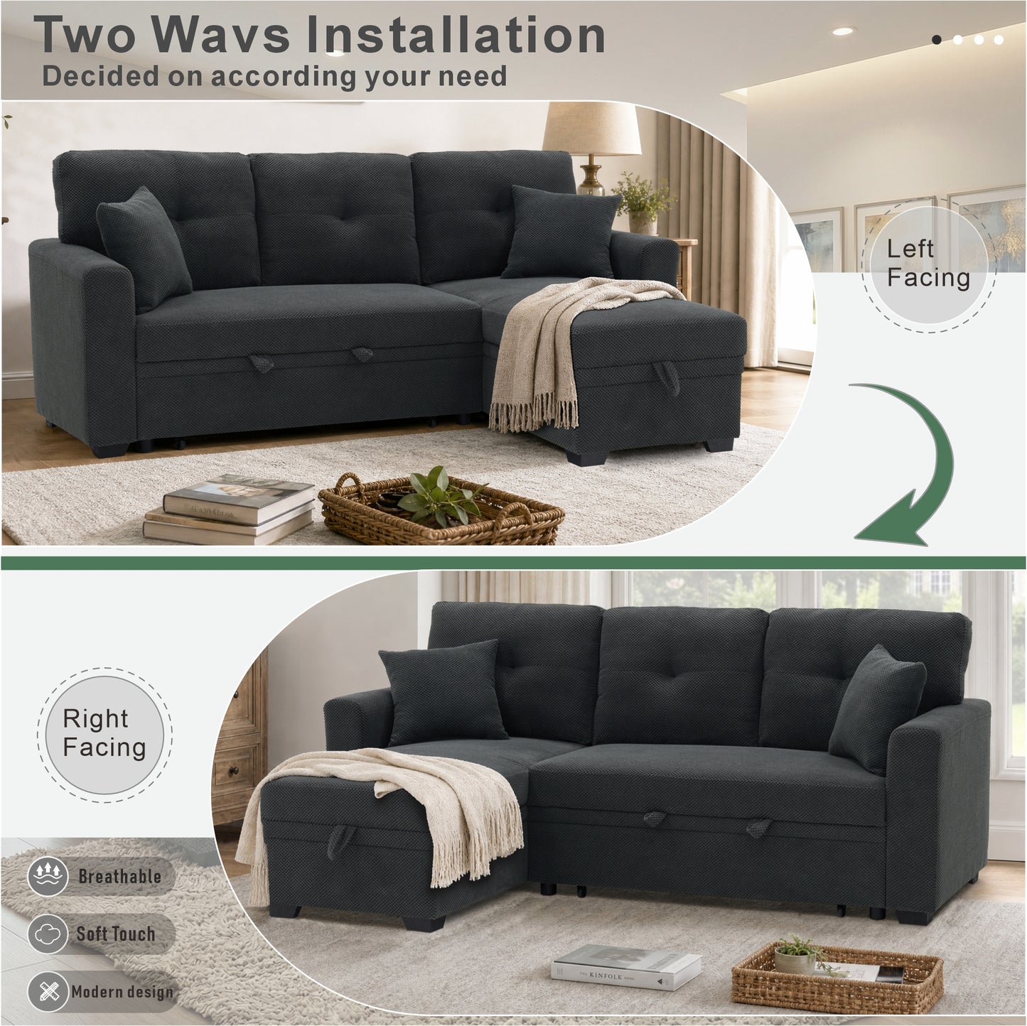 Reversible Chaise Sleeper Sofa Bed - Dark Gray, L-Shaped Sectional
