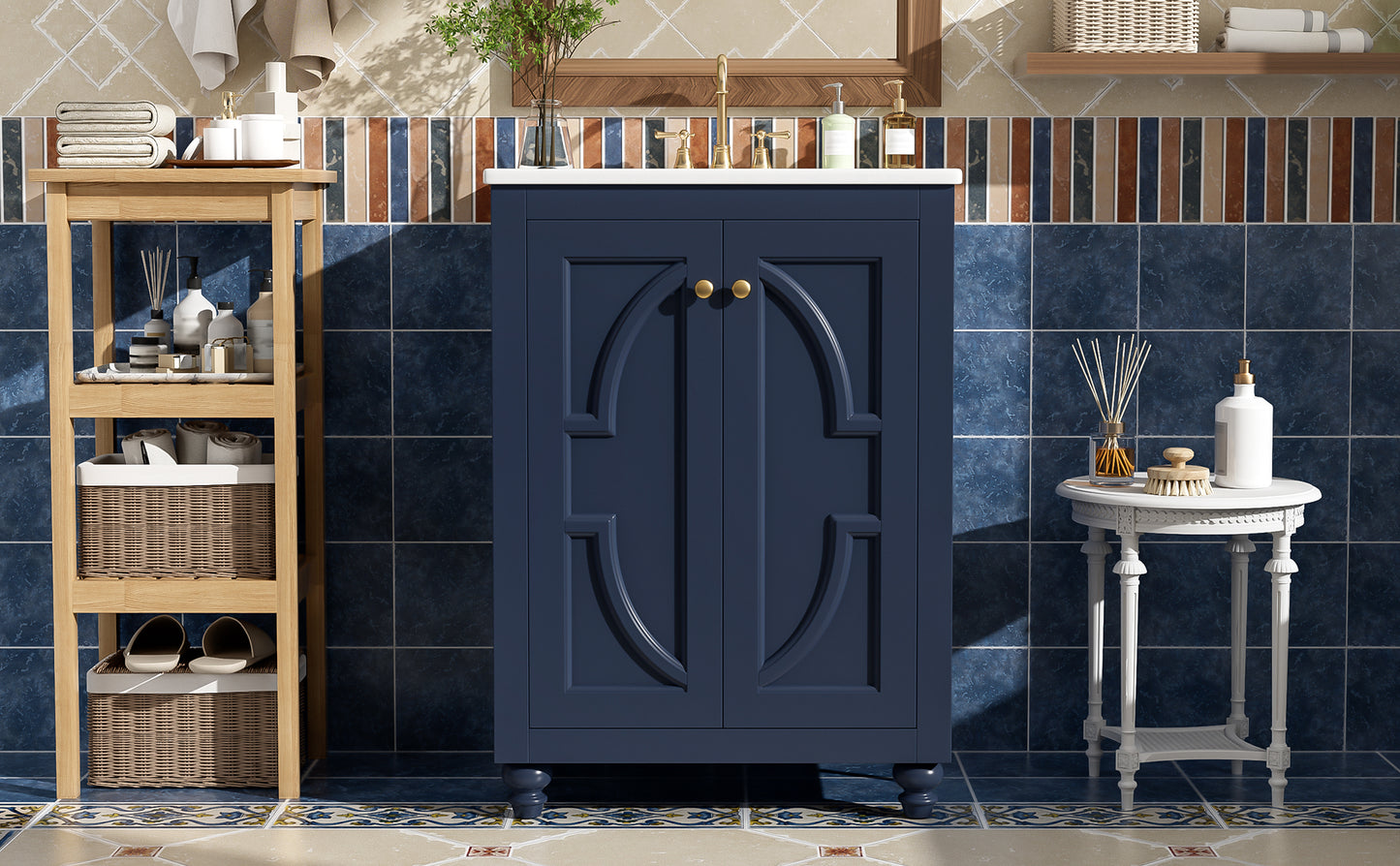 24" Blue Modern Bathroom Vanity with Ornate Design & Soft-Close Hinges