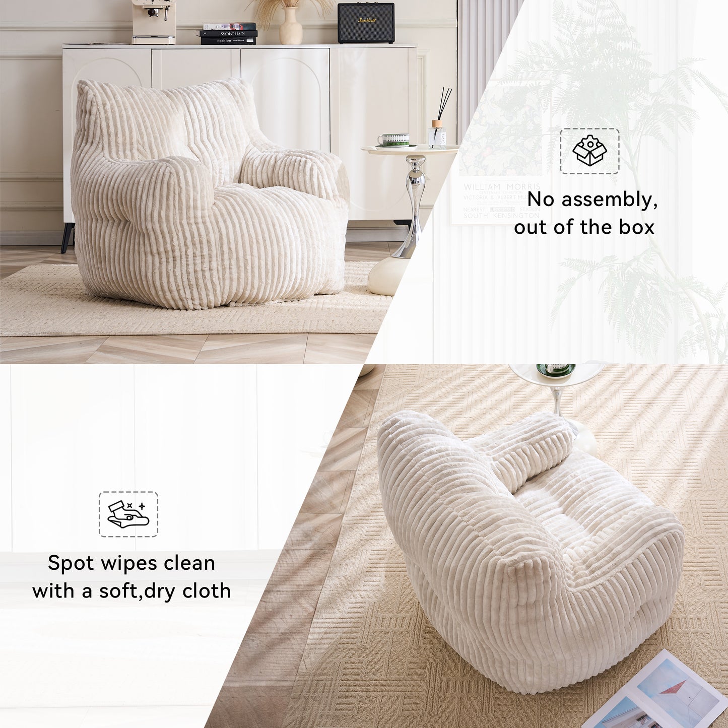 Soft Corduroy Bean Bag Chair with Memory Foam - Beige