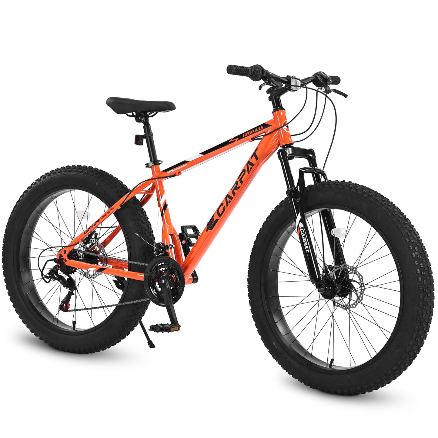 26 Inch Fat Tire Mountain Bike - Shimano 21 Speed, Dual Disc Brakes, Orange
