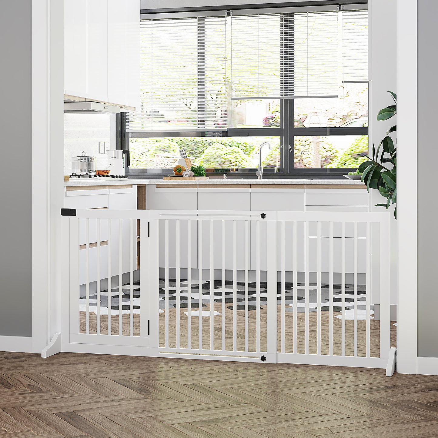 Adjustable Wooden Pet Gate with Lockable Door, 3 Panels, Freestanding, White