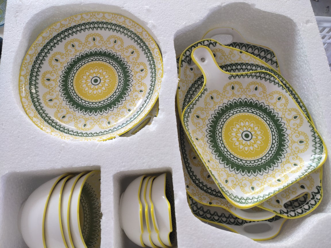 Bohemian Ceramic Dinnerware Set - 13 or 15 Piece Kitchen Plate & Cutlery Collection