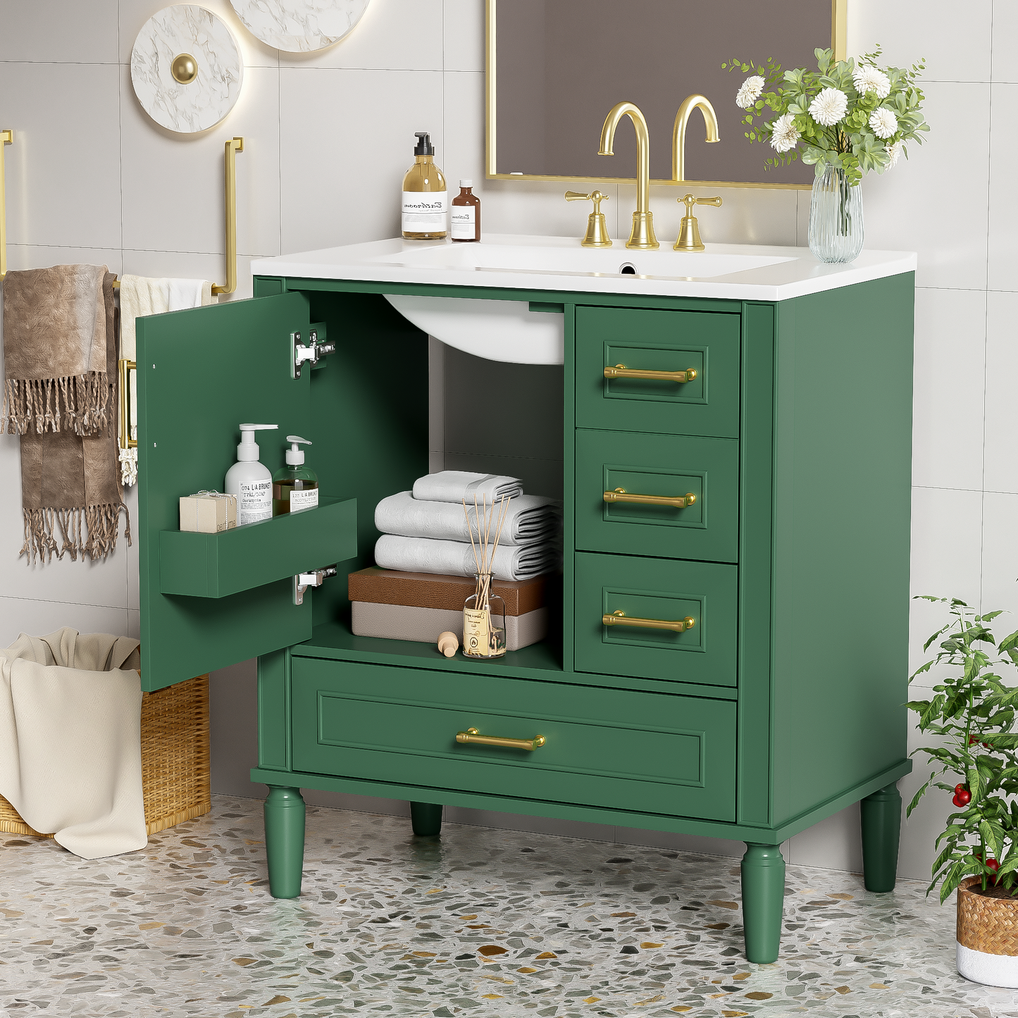 30" Green Bathroom Vanity Set with Soft Close Doors & Gold Handles