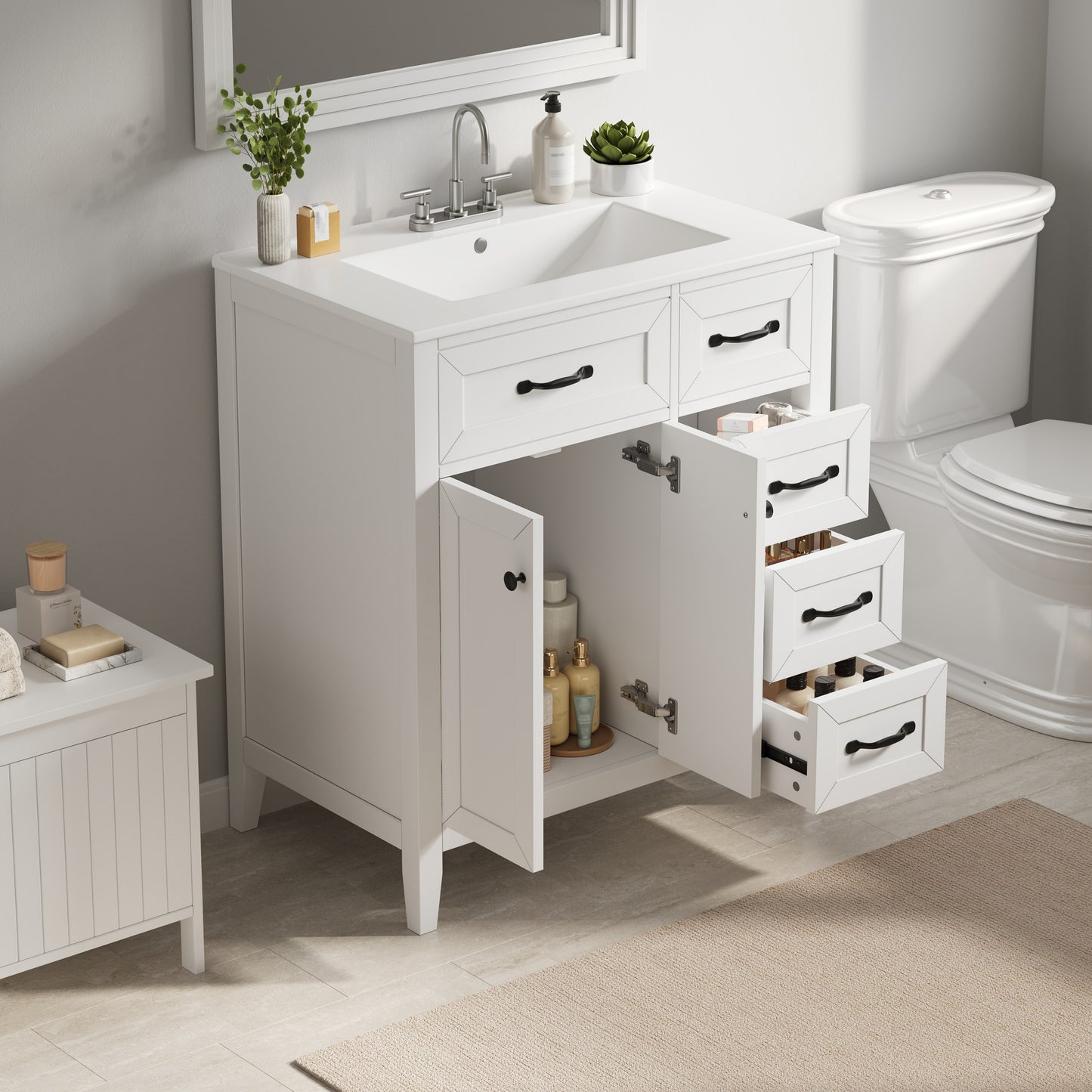 30" White Bathroom Vanity with Ceramic Sink & Soft-Close Drawers
