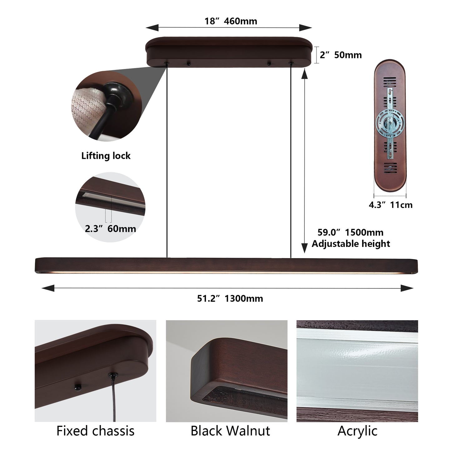 51-Inch Walnut Modern LED Pendant Light - Adjustable Hanging Fixture