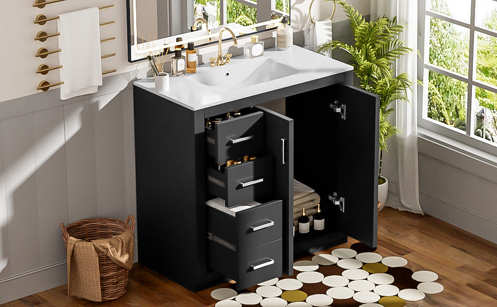 36-Inch Black Bathroom Vanity with Ceramic Sink & Soft-Close Drawers