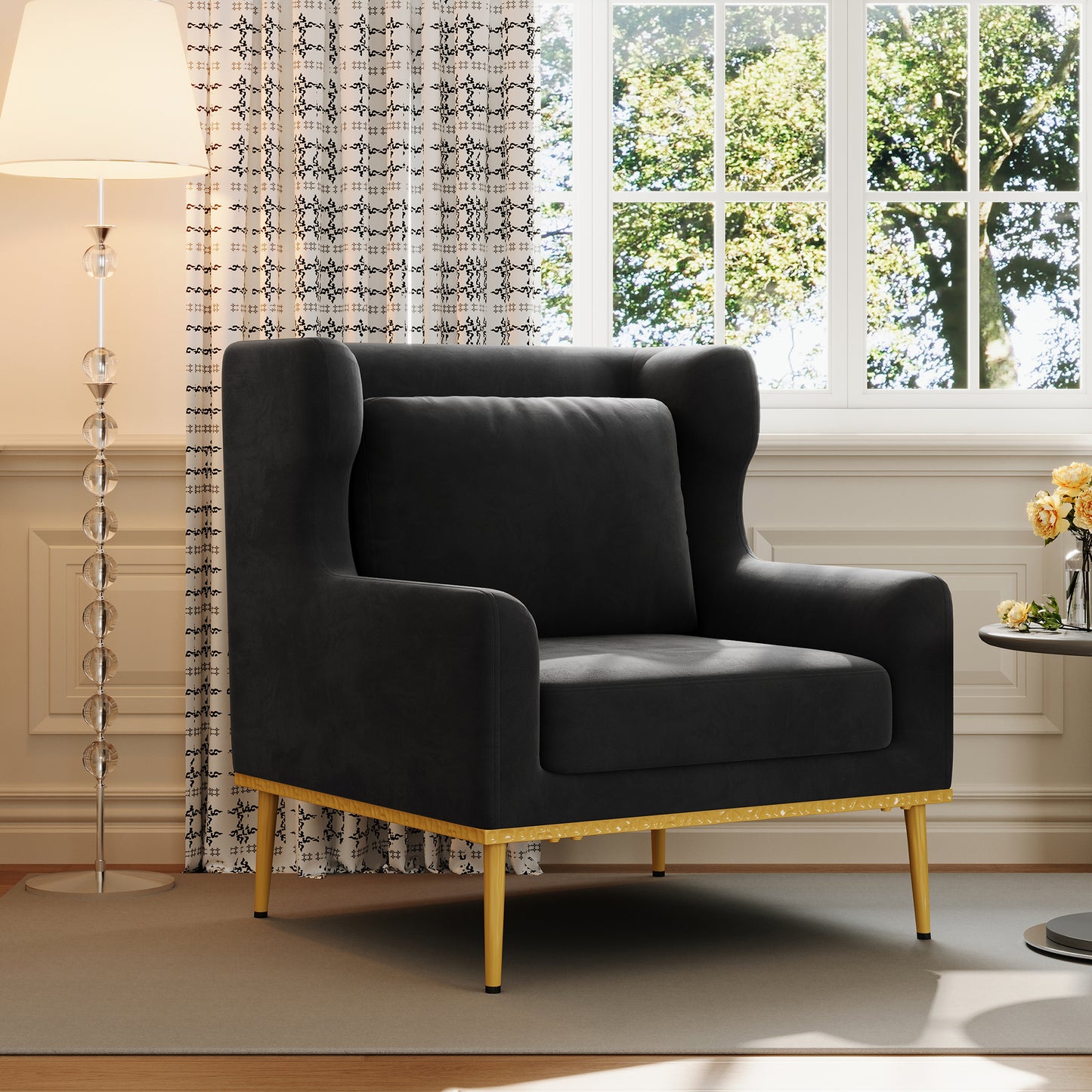 Black Velvet Accent Chair - Modern Armchair for Living Room