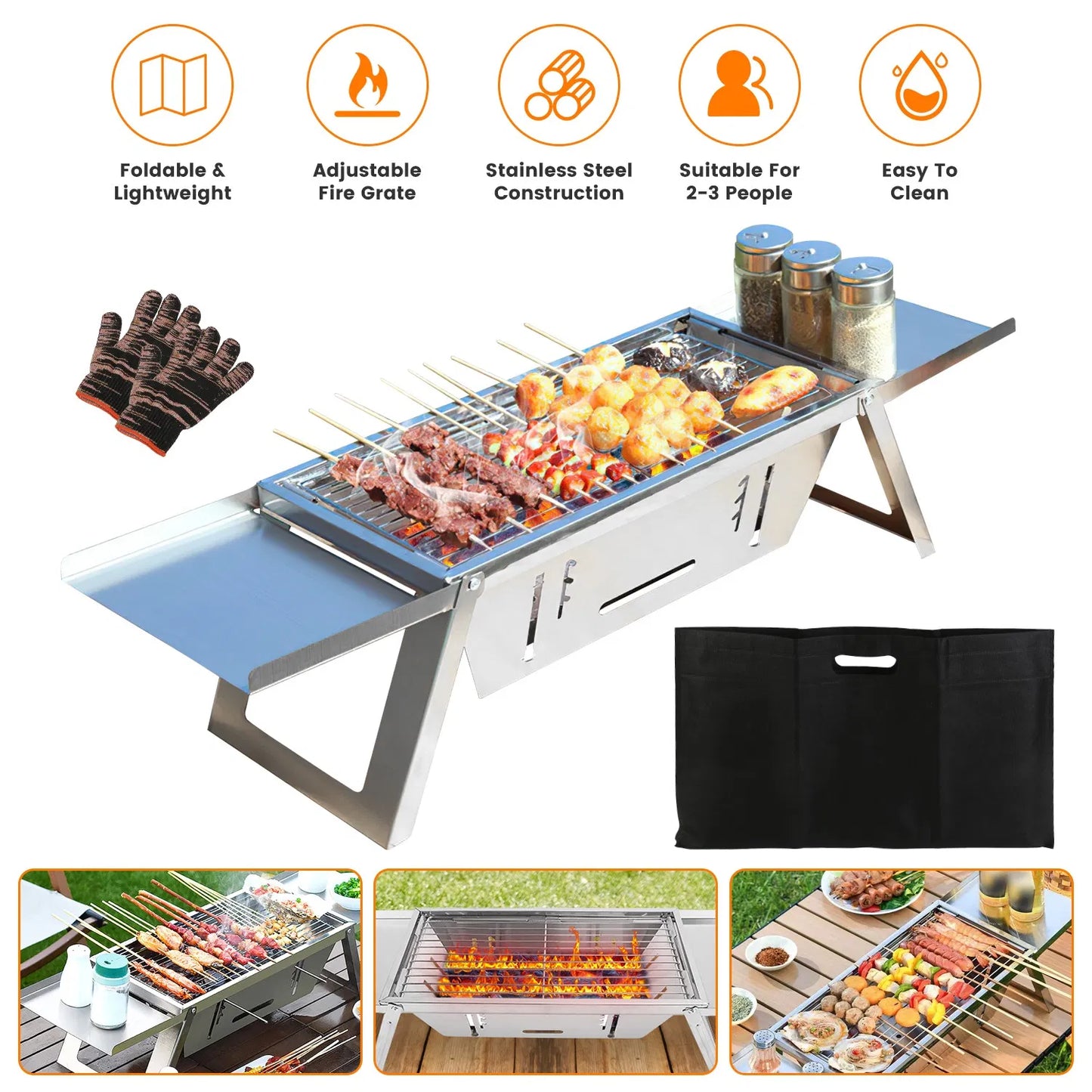 3-in-1 Portable Charcoal Grill & Fire Pit - Stainless Steel