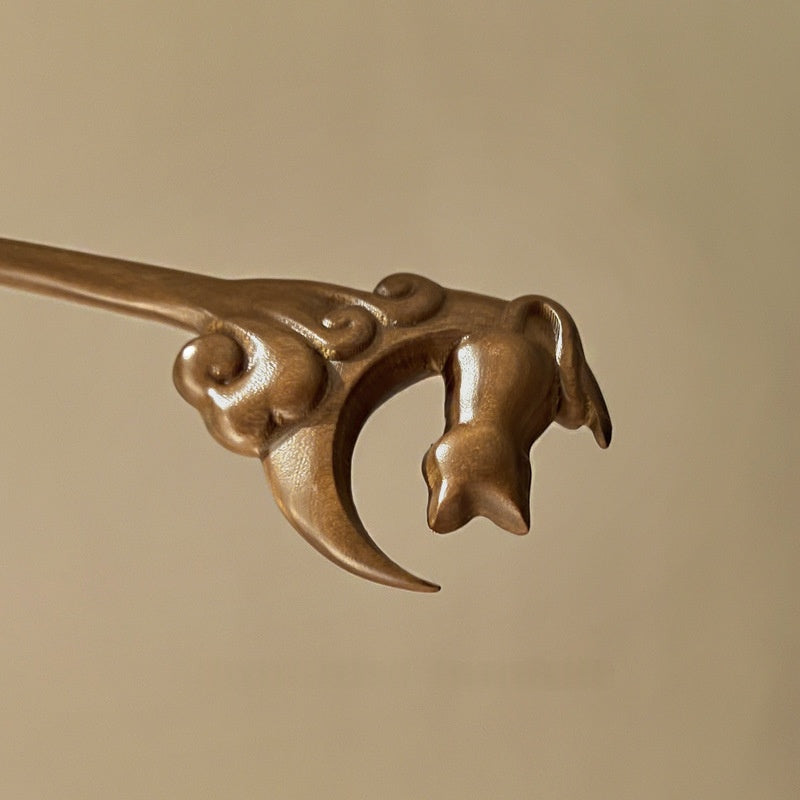 Cute Moon-Gazing Cat Hairpin - Red Sandalwood Wood