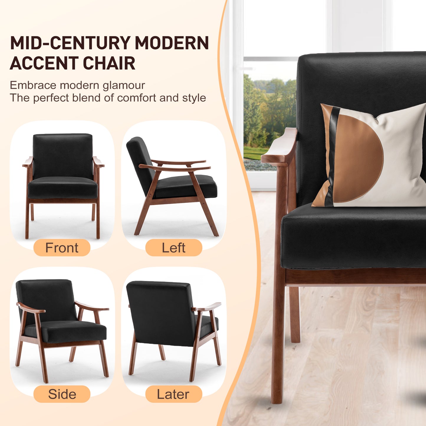 Mid-Century Modern Accent Chair with Solid Wood Frame - Black PU