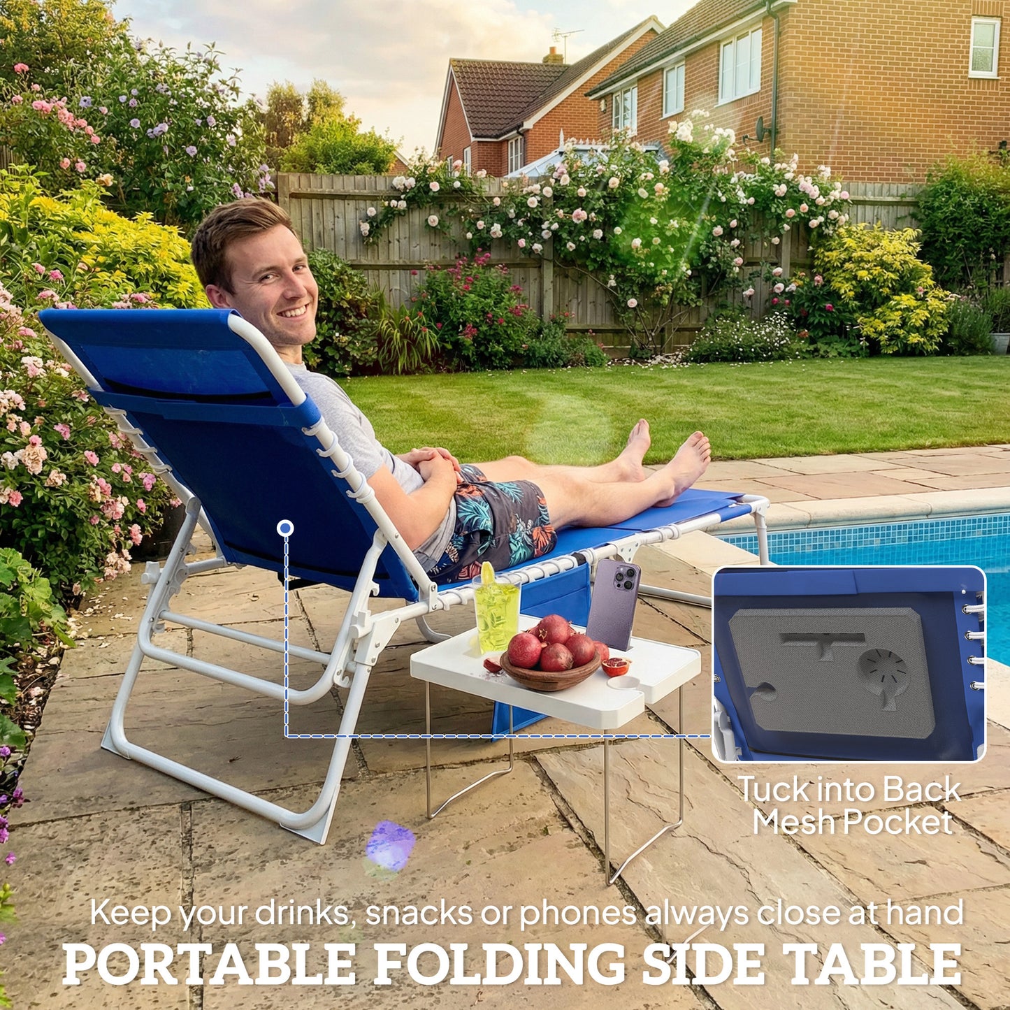 Folding Outdoor Lounge Chair with Side Table - Navy Blue