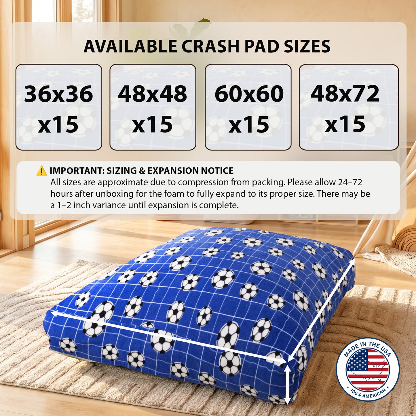 Sensory Crash Pad for Kids & Adults - Removable, Washable, Foam Blocks, Non-Slip, 60" x 60"