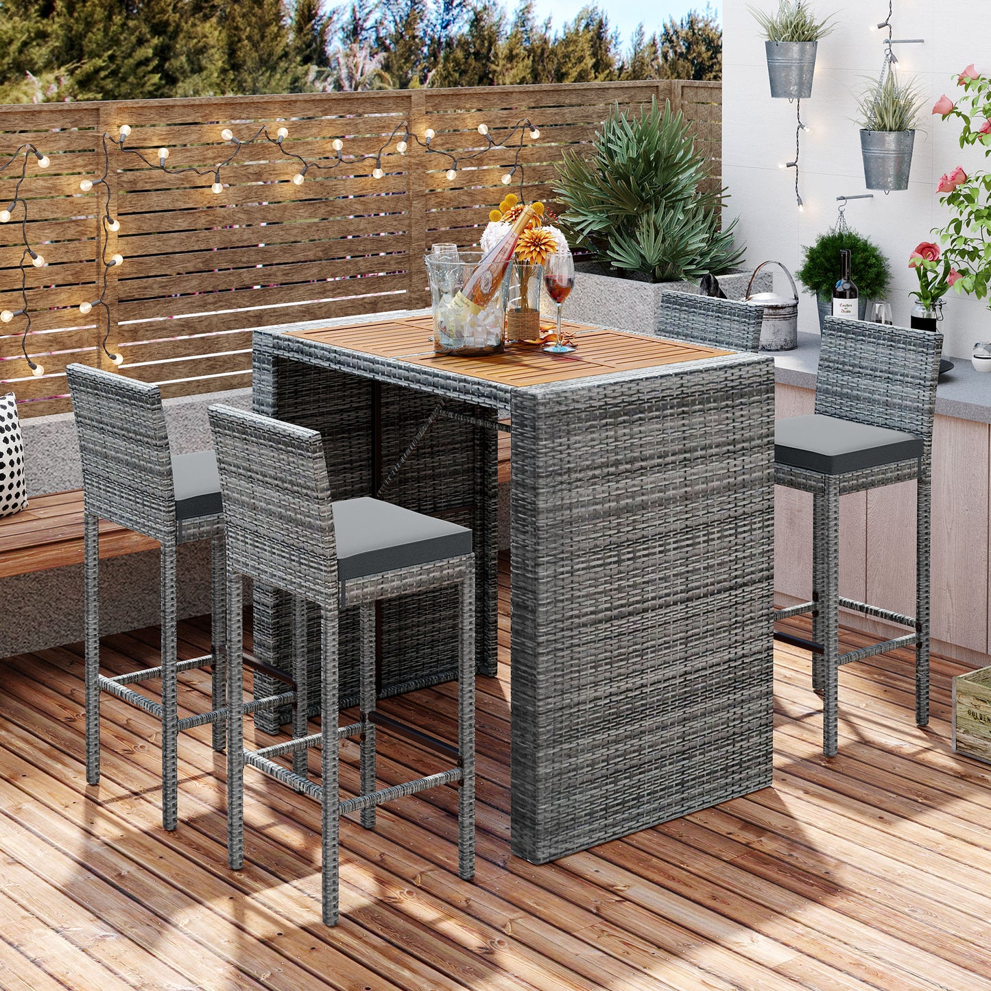 GO 5-pieces Outdoor Patio Wicker Bar Set, Height Chairs With Non-Slip