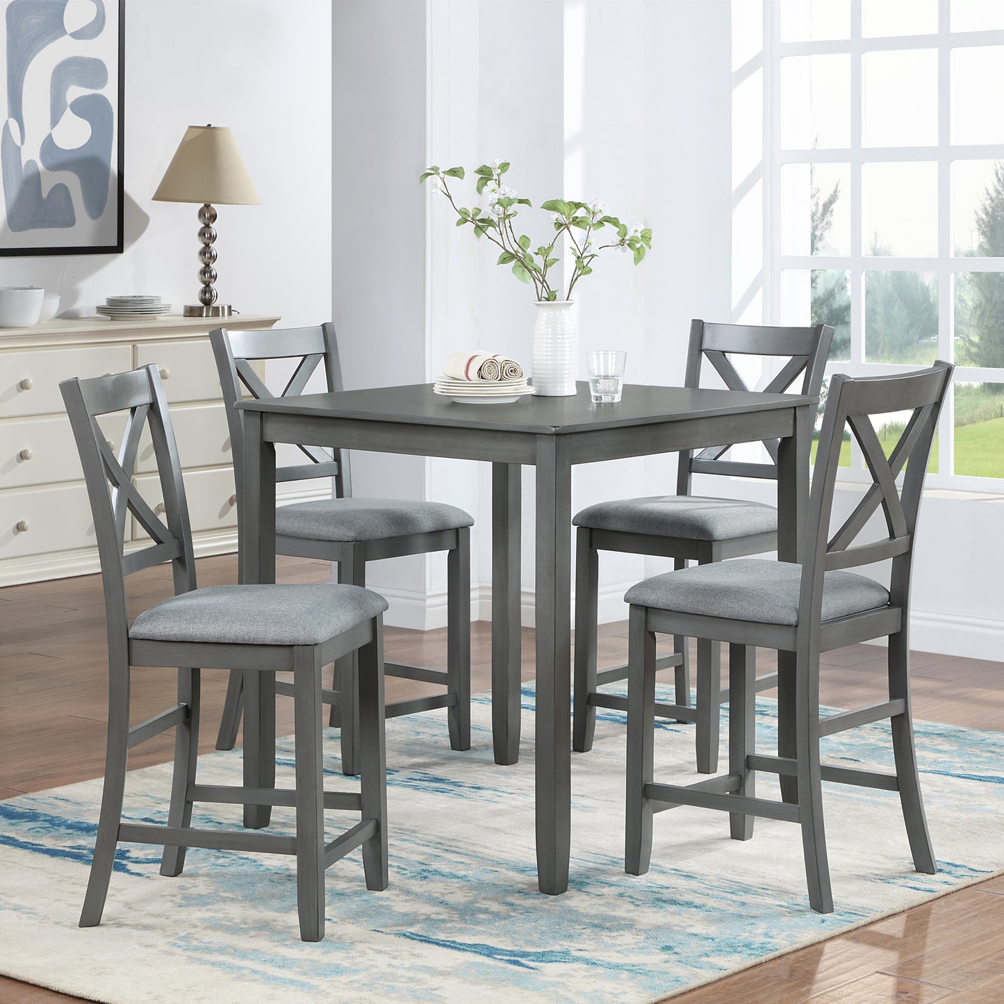 5-Piece Counter Height Dining Table Set with 4 Upholstered Chairs - Gray