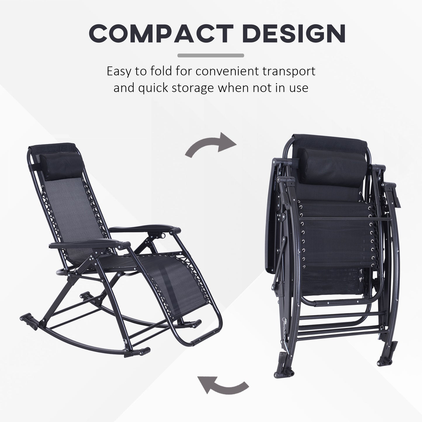 Zero Gravity Rocking Chair - Foldable Reclining Lounge with Pillow, Cup Holder, Black