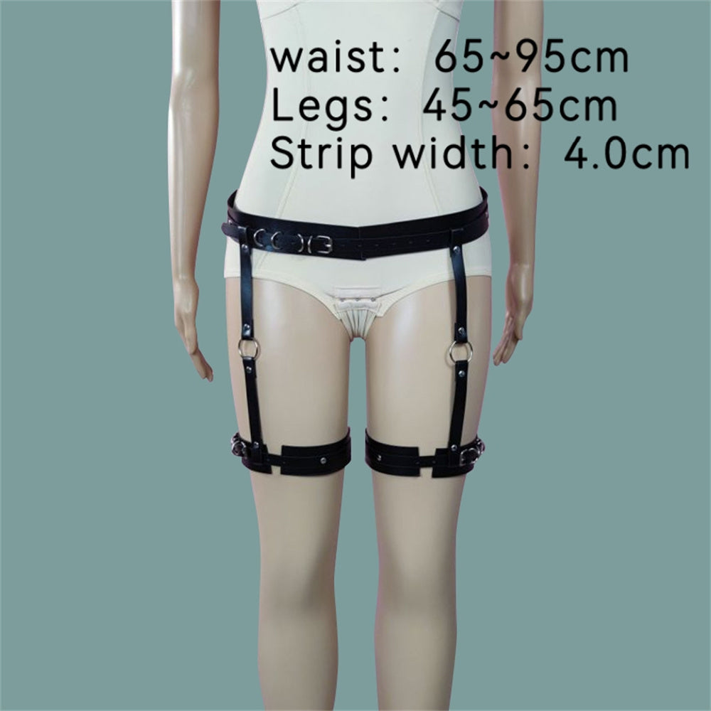 Punk Leather Thigh Body Harness with Chain - Black